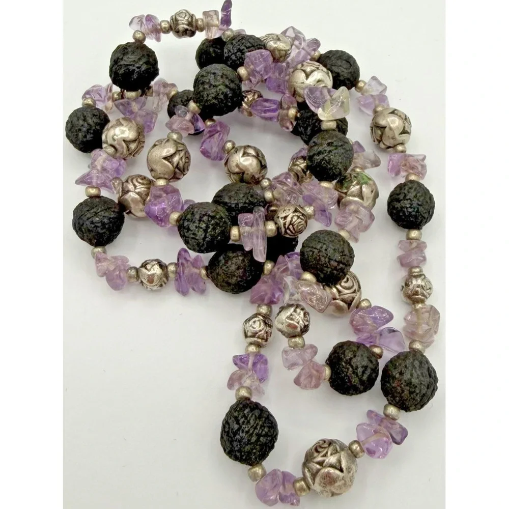 Vtg Boho Lava Rock Amethyst Gemstone Chip Silver Tone Rose Bead Long Necklace